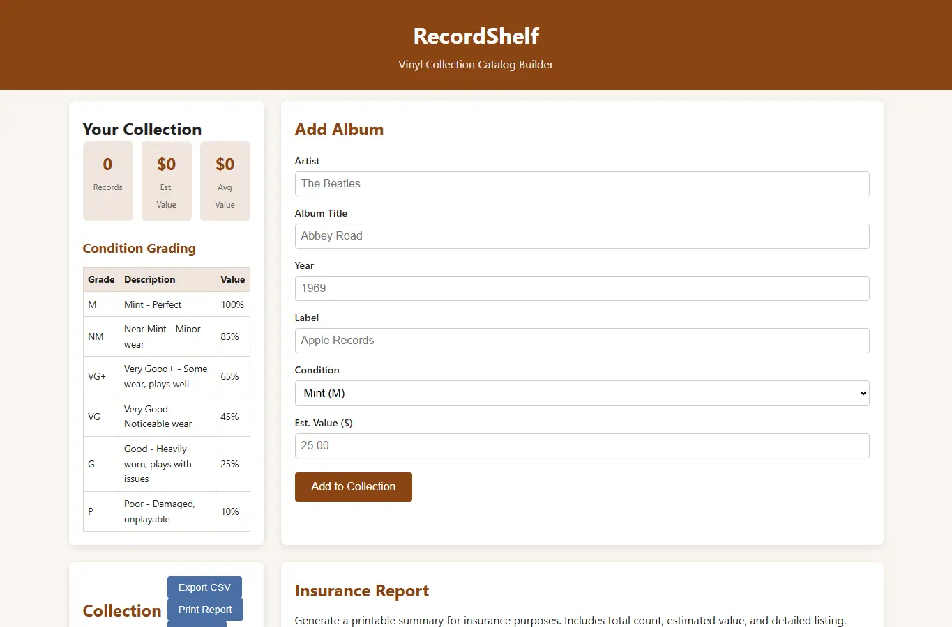 Screenshot of RecordShelf - Vinyl Collection Catalog Builder interface showing the project page in use